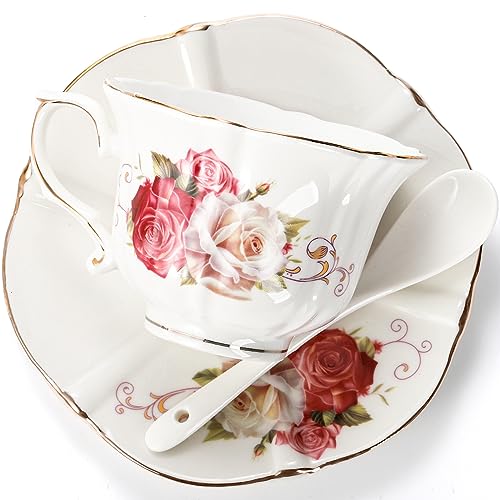 Foraineam Tea Cup and Saucer Set of 6, Porcelain Ivory Rose Tea Cups with Saucers and Spoons, 6 oz Floral Coffee Cup Set with Gold Trim, Latte Cups and Espresso Mug for Tea, Latte and Coffee Drinks