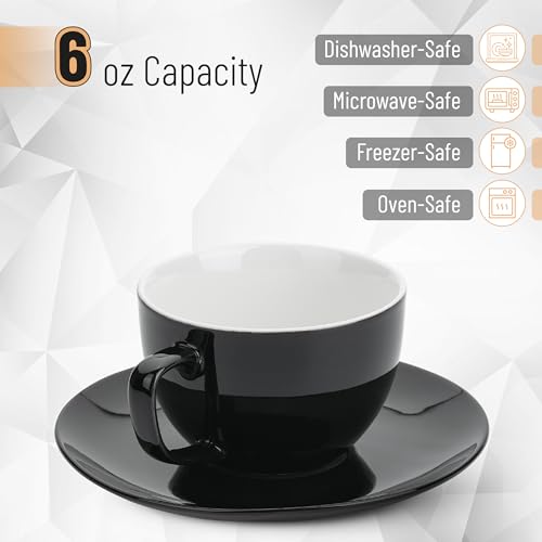 BTaT- Tea Cups and Saucers, 6oz, Tea Cups Set of 6, Porcelain Tea Cups, Black Cup & Saucer Sets, Tea Cup Set of 6, Tea Cup Sets for Adults, Bulk Tea Cups and Saucers Set of 6, Tea Cups and Sets