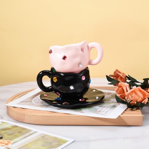 Koythin Ceramic Coffee Mug with Saucer Set, Novelty Cute Cup with Gemstone, Latte Art Creative Cup Unique Irregular Design, 10oz/300ml for Latte Tea Milk,Mothers Day Gifts (Pink)