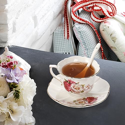 Foraineam Tea Cup and Saucer Set of 6, Porcelain Ivory Rose Tea Cups with Saucers and Spoons, 6 oz Floral Coffee Cup Set with Gold Trim, Latte Cups and Espresso Mug for Tea, Latte and Coffee Drinks