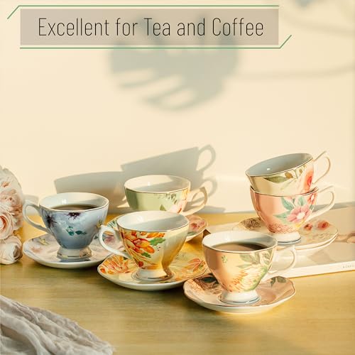 BTaT- Tea Cups and Saucers Set of 6, Tea Set, Floral Tea Cups (8oz), Porcelain Tea Cups for Tea Party, Rose Teacups, China Tea Cups, Tea Cup and Saucer Set, Porcelain Tea Set, (Bone China)