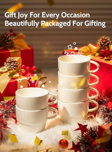 Sweese Porcelain Latte Cups - Stackable Coffee Cups - 10 Ounce for Specialty Coffee Drinks, Cappuccino, Mocha and Tea - Set of 6 - White