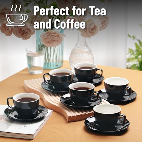 BTaT- Tea Cups and Saucers, 6oz, Tea Cups Set of 6, Porcelain Tea Cups, Black Cup & Saucer Sets, Tea Cup Set of 6, Tea Cup Sets for Adults, Bulk Tea Cups and Saucers Set of 6, Tea Cups and Sets