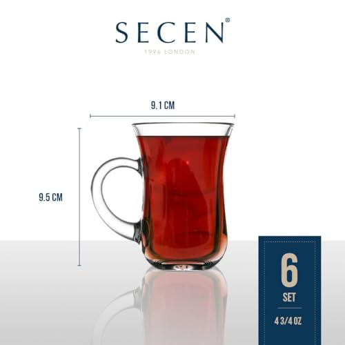 SECEN LONDON 4.7 Ounce Clear Glass Coffee Mug (6 pcs),Turkish Tea Set With Handle (145 cc),Modern Turkish Tea Glasses,Classic Clear Cut Glass, Heavy Base,Dishwasher Safe,Tea Cup,Espresso Glasses.