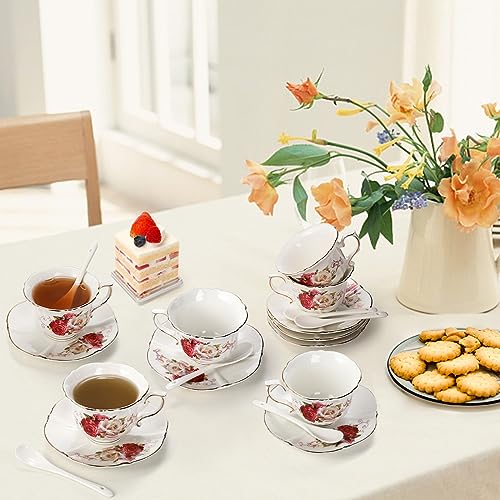 Foraineam Tea Cup and Saucer Set of 6, Porcelain Ivory Rose Tea Cups with Saucers and Spoons, 6 oz Floral Coffee Cup Set with Gold Trim, Latte Cups and Espresso Mug for Tea, Latte and Coffee Drinks