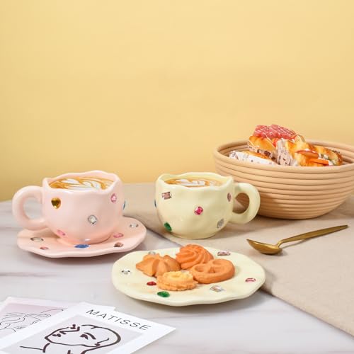 Koythin Ceramic Coffee Mug with Saucer Set, Novelty Cute Cup with Gemstone, Latte Art Creative Cup Unique Irregular Design, 10oz/300ml for Latte Tea Milk,Mothers Day Gifts (Pink)