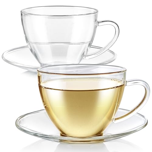 Teabloom Royal Teacup and Saucer Set 2-Pack – Standard Teacup Size – 6 OZ/ 180 ML Capacity – Crystal Clear Classic Design – Premium Borosilicate Glass – Durable and Heat Resistant