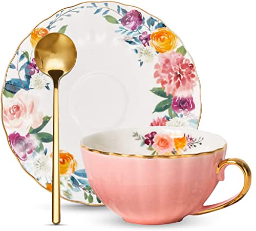 ONEUSTAR Tea Cup and Saucer Set for 1 Porcelain English Tea Cup with Spoon Floral Teacup 8 oz British Coffee Cup Cappuccino Espresso Latte Cup Mug for Party Birthday Wedding Gifts, Pink