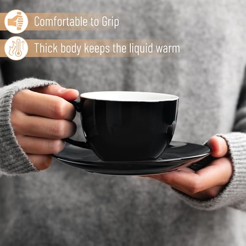 BTaT- Tea Cups and Saucers, 6oz, Tea Cups Set of 6, Porcelain Tea Cups, Black Cup & Saucer Sets, Tea Cup Set of 6, Tea Cup Sets for Adults, Bulk Tea Cups and Saucers Set of 6, Tea Cups and Sets