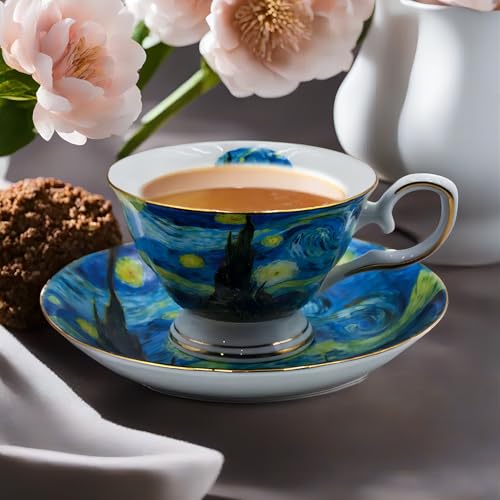 AOTELIDA Floral Tea Cups Saucers Set of 2, Bone China 7 oz British Teacups Porcelain Coffee Cup for Rose Tea Cappuccino Espresso Latte (Starry Sky & Wheat Field)