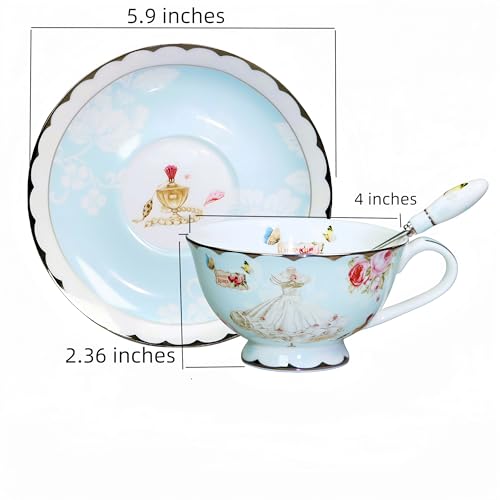 Fine Bone China Tea Cups and Saucers, Pastel Blue Floral Design Coffee Mug Tea Cups Set with Gift Box for Women Mom, 7 Ounces