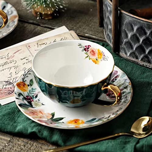 Green Tea Cup and Saucer,Porcelain Coffee Cup China Tea Cups and Saucers Royal Ceramic Floral Lined Teacup with Gold Trim,8 oz Vintage British Cup Tea Sets for Latte,Cappuccino,Teaparty,Birthday Gift