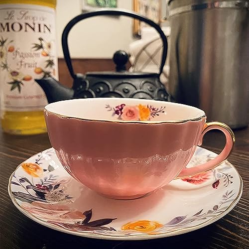 ONEUSTAR Tea Cup and Saucer Set for 1 Porcelain English Tea Cup with Spoon Floral Teacup 8 oz British Coffee Cup Cappuccino Espresso Latte Cup Mug for Party Birthday Wedding Gifts, Pink