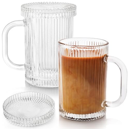 Noamus 2 Pack Coffee Mugs with Glass Lid, 13 oz Clear Classic Vertical Stripes Tea Cup, Premium Ribbed Drinking Glassware Set for Hot Cold Beverage, House Warming Christmas Anniversary Birthday Gift