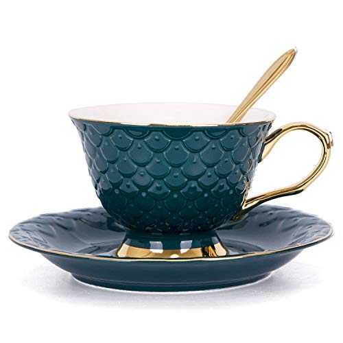 VanEnjoy Green Vintage 8 Ounces Porcelain Coffee Cup,Tea Cup and Saucer Set and Saucer with Decorative Scale Pattern, Vintage