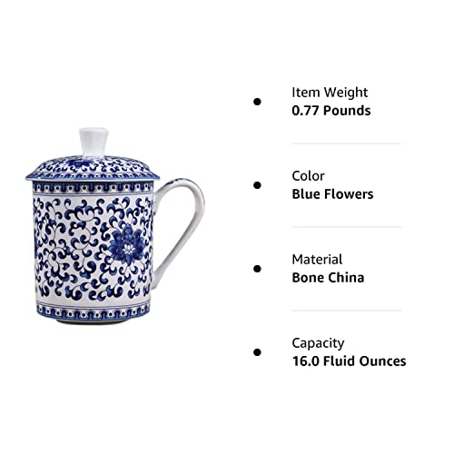BandTie Convenient Travel Home Office Chinese Gongfu Loose Leaf Tea/Coffee Brewing System- Bone China Porcelain Cup / Mug with Lid, Blue Flowers