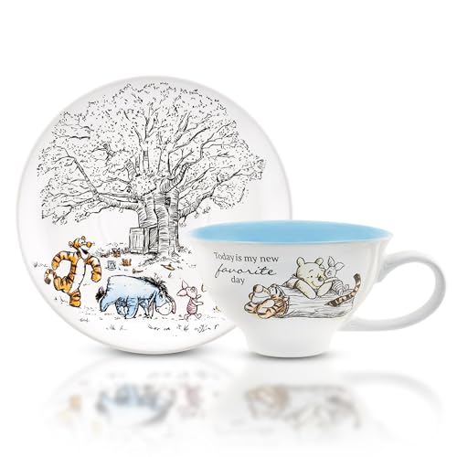 Silver Buffalo Disney Winnie the Pooh Walking Classic Scene Ceramic Teacup and Saucer, 12 Ounces