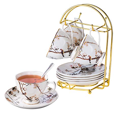 Jusalpha Porcelain Tea Set- 7 Oz- Bird Tree Classic Tea Cup/Coffee cup spoon and saucer set (4 Teacup set with holder)