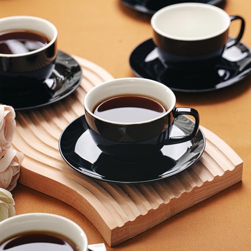 BTaT- Tea Cups and Saucers, 6oz, Tea Cups Set of 6, Porcelain Tea Cups, Black Cup & Saucer Sets, Tea Cup Set of 6, Tea Cup Sets for Adults, Bulk Tea Cups and Saucers Set of 6, Tea Cups and Sets