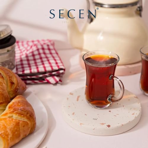 SECEN LONDON 4.7 Ounce Clear Glass Coffee Mug (6 pcs),Turkish Tea Set With Handle (145 cc),Modern Turkish Tea Glasses,Classic Clear Cut Glass, Heavy Base,Dishwasher Safe,Tea Cup,Espresso Glasses.