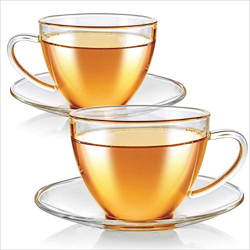 Teabloom Royal Teacup and Saucer Set 2-Pack – Standard Teacup Size – 6 OZ/ 180 ML Capacity – Crystal Clear Classic Design – Premium Borosilicate Glass – Durable and Heat Resistant