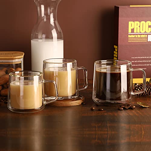 CNGLASS 10oz Glass Coffee Mugs,Double Wall Insulated Glass Mugs with Handle,Clear Espresso Mugs for Latte,Cappuccino,Tea Bag,Set of 4