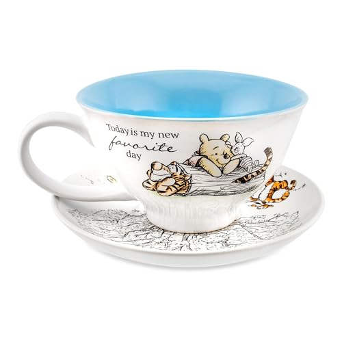 Silver Buffalo Disney Winnie the Pooh Walking Classic Scene Ceramic Teacup and Saucer, 12 Ounces