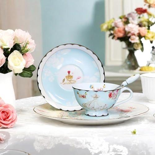 Fine Bone China Tea Cups and Saucers, Pastel Blue Floral Design Coffee Mug Tea Cups Set with Gift Box for Women Mom, 7 Ounces