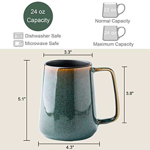XINRRY Large Ceramic Coffee Mug, 24 oz Big Tea Cup with Large Handle, Vintage Coffee Cup for Office and Home, Dishwasher and Microwave Safe, Green