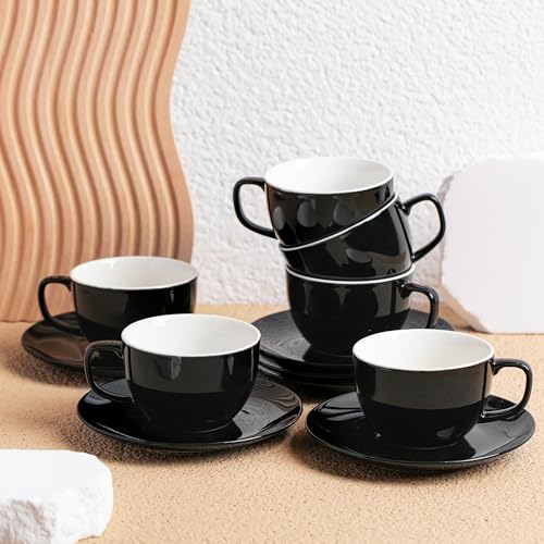 BTaT- Tea Cups and Saucers, 6oz, Tea Cups Set of 6, Porcelain Tea Cups, Black Cup & Saucer Sets, Tea Cup Set of 6, Tea Cup Sets for Adults, Bulk Tea Cups and Saucers Set of 6, Tea Cups and Sets