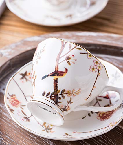 Jusalpha Porcelain Tea Set- 7 Oz- Bird Tree Classic Tea Cup/Coffee cup spoon and saucer set (4 Teacup set with holder)