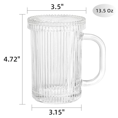 Noamus 2 Pack Coffee Mugs with Glass Lid, 13 oz Clear Classic Vertical Stripes Tea Cup, Premium Ribbed Drinking Glassware Set for Hot Cold Beverage, House Warming Christmas Anniversary Birthday Gift