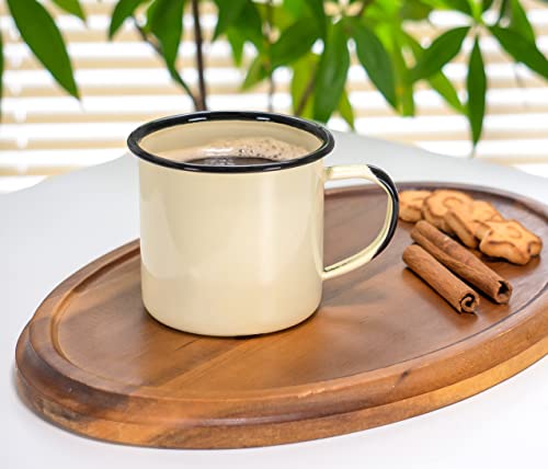 Red Co. Set of 6 Enamelware Metal Medium Classic 12 Oz Round Coffee and Tea Mug with Handle, Distressed Cream/Black Rim
