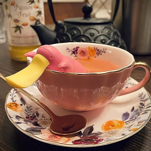 ONEUSTAR Tea Cup and Saucer Set for 1 Porcelain English Tea Cup with Spoon Floral Teacup 8 oz British Coffee Cup Cappuccino Espresso Latte Cup Mug for Party Birthday Wedding Gifts, Pink