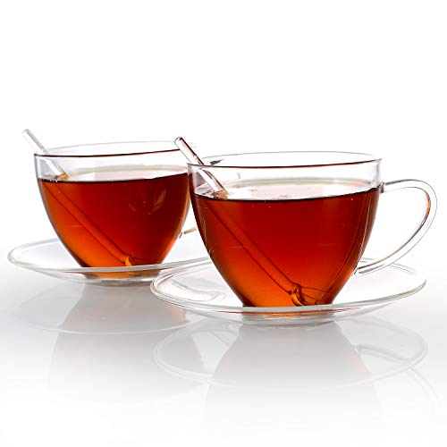 Teabloom Royal Teacup and Saucer Set 2-Pack – Standard Teacup Size – 6 OZ/ 180 ML Capacity – Crystal Clear Classic Design – Premium Borosilicate Glass – Durable and Heat Resistant
