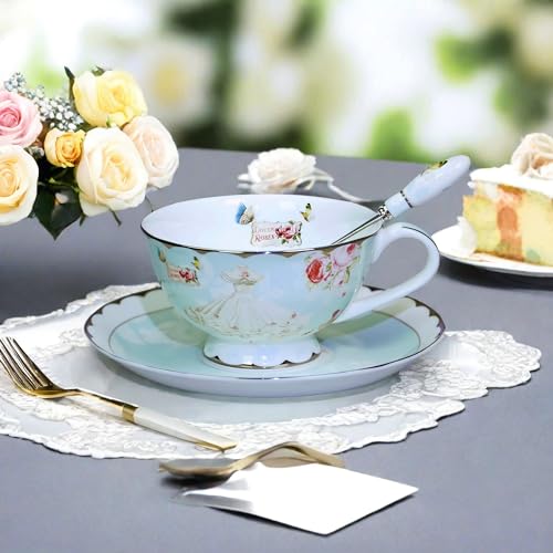 Fine Bone China Tea Cups and Saucers, Pastel Blue Floral Design Coffee Mug Tea Cups Set with Gift Box for Women Mom, 7 Ounces