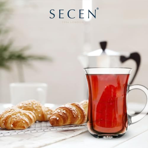 SECEN LONDON 4.7 Ounce Clear Glass Coffee Mug (6 pcs),Turkish Tea Set With Handle (145 cc),Modern Turkish Tea Glasses,Classic Clear Cut Glass, Heavy Base,Dishwasher Safe,Tea Cup,Espresso Glasses.