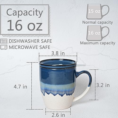 Bosmarlin Ceramic Tea Cup with Infuser and Lid, 16 Oz, 5 Colors to Choose, Dishwasher and Microwave Safe, Reactive Glaze, Steeping Tea Mug with Strainer (Deep Blue)