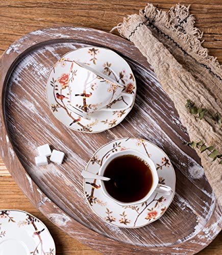 Jusalpha Porcelain Tea Set- 7 Oz- Bird Tree Classic Tea Cup/Coffee cup spoon and saucer set (4 Teacup set with holder)