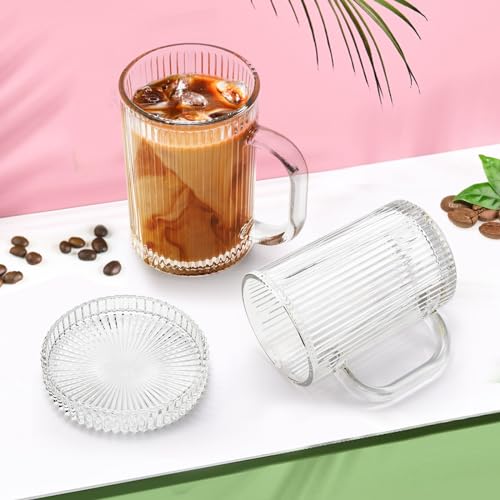 Noamus 2 Pack Coffee Mugs with Glass Lid, 13 oz Clear Classic Vertical Stripes Tea Cup, Premium Ribbed Drinking Glassware Set for Hot Cold Beverage, House Warming Christmas Anniversary Birthday Gift