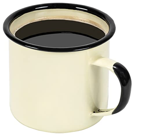 Red Co. Set of 6 Enamelware Metal Medium Classic 12 Oz Round Coffee and Tea Mug with Handle, Distressed Cream/Black Rim