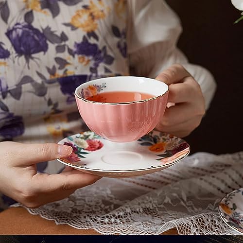 ONEUSTAR Tea Cup and Saucer Set for 1 Porcelain English Tea Cup with Spoon Floral Teacup 8 oz British Coffee Cup Cappuccino Espresso Latte Cup Mug for Party Birthday Wedding Gifts, Pink
