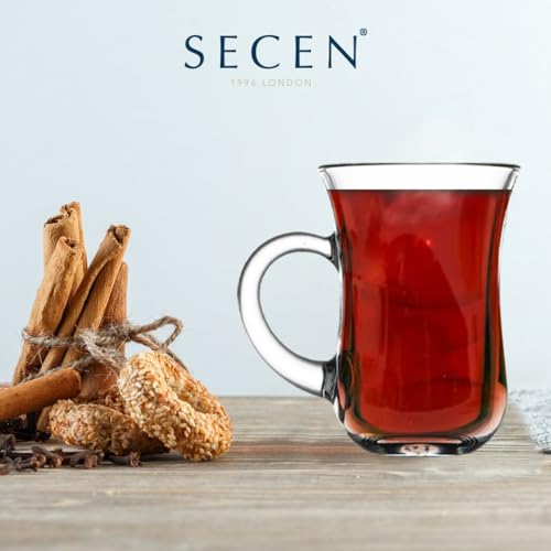 SECEN LONDON 4.7 Ounce Clear Glass Coffee Mug (6 pcs),Turkish Tea Set With Handle (145 cc),Modern Turkish Tea Glasses,Classic Clear Cut Glass, Heavy Base,Dishwasher Safe,Tea Cup,Espresso Glasses.