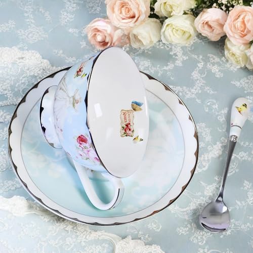 Fine Bone China Tea Cups and Saucers, Pastel Blue Floral Design Coffee Mug Tea Cups Set with Gift Box for Women Mom, 7 Ounces