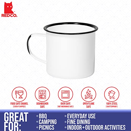 Red Co. Set of 6 Enamelware Metal Medium Classic 12 Oz Round Coffee and Tea Mug with Handle, Distressed White/Black Rim