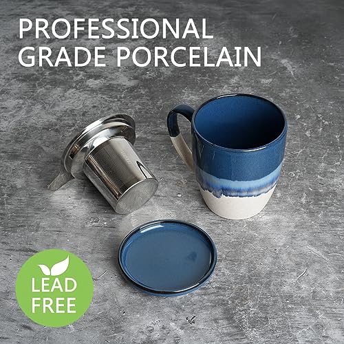 Bosmarlin Ceramic Tea Cup with Infuser and Lid, 16 Oz, 5 Colors to Choose, Dishwasher and Microwave Safe, Reactive Glaze, Steeping Tea Mug with Strainer (Deep Blue)