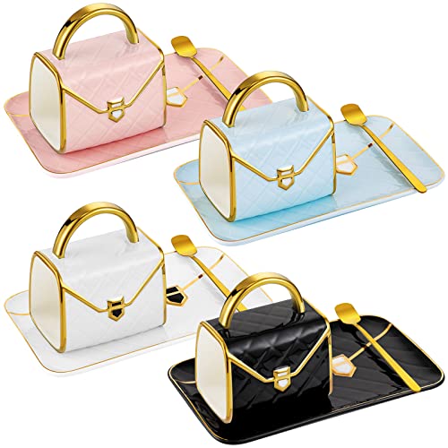 Sliner 4 Sets Coffee Mug Handbag Shaped Ceramic Tea Cup with Saucer Spoon 10 Oz/ 310 ml Purse Gift Mug for Office Home Coffee Tea Hot Chocolate Cappuccino(Classic)