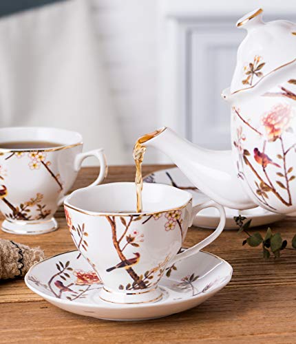 Jusalpha Porcelain Tea Set- 7 Oz- Bird Tree Classic Tea Cup/Coffee cup spoon and saucer set (4 Teacup set with holder)