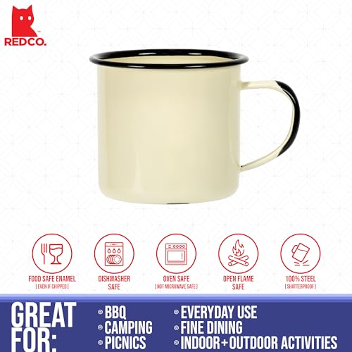 Red Co. Set of 6 Enamelware Metal Medium Classic 12 Oz Round Coffee and Tea Mug with Handle, Distressed Cream/Black Rim