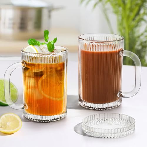 Noamus 2 Pack Coffee Mugs with Glass Lid, 13 oz Clear Classic Vertical Stripes Tea Cup, Premium Ribbed Drinking Glassware Set for Hot Cold Beverage, House Warming Christmas Anniversary Birthday Gift